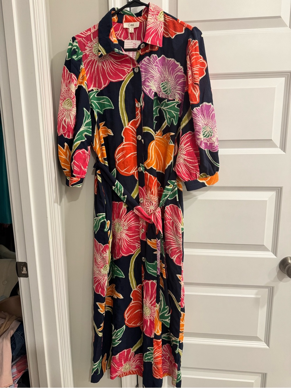 New Bright Floral Maxi Shirt Dress in Navy with Pink & Orange Blooms